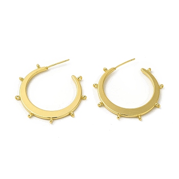 Brass Ring Stud Earring Findings, Half Hoop Earring Findings with Vertical Loops, Cadmium Free & Nickel Free & Lead Free, Real 18K Gold Plated, 33x34x1.5mm, Hole: 1.5mm, Pin: 0.8mm