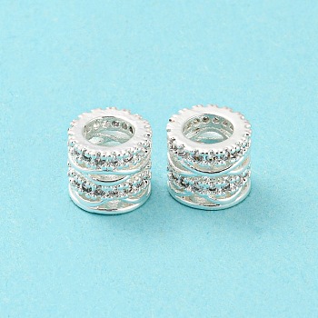 Brass Micro Pave Cubic Zirconia European Beads, Large Hole Beads, Long-Lasting Plated, Lead Free & Cadmium Free, Hollow Column, Silver, 7.5x6mm, Hole: 4.3mm