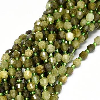 Natural Green Garnet Beads Strands, with Seed Beads, Faceted, Bicone, Double Terminated Point Prism Beads, 5~7x6mm, Hole: 0.8mm, about 43~45pcs/strand, 15 inch(38cm)