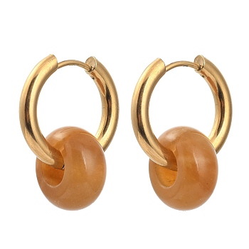 304 Stainless Steel Huggie Hoop Earrings, with 316 Surgical Stainless Steel Pin and Rondelle Natural Yellow Agate Beads, Golden, 25mm, Pin: 0.9mm