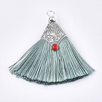 Polyester Tassel Pendant Decorations, with Alloy Findings and Enamel, Fan Shape, Antique Silver, Dark Sea Green, 45~50x40~44x7~10mm, Hole: 2.5mm