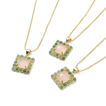 Natural Rose Quartz & Green Aventurine Rectangle Pendant Necklace, Real 18K Gold Plated Brass Jewelry, 17.48~17.68 inch(44.4~44.9cm)