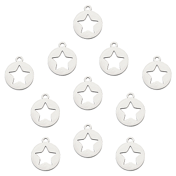 304 Stainless Steel Pentacle Charms, Flat Round with Star, Stainless Steel Color, 14x12x1.2mm, Hole: 1.5mm, 20pcs/box