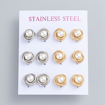 304 Stainless Steel Stud Earrings, Love Knot Earrings, with Plastic Imitation Pearl Beads and Ear Nuts, Golden & Stainless Steel Color, 11mm, Pin: 0.7mm, 6pairs/card