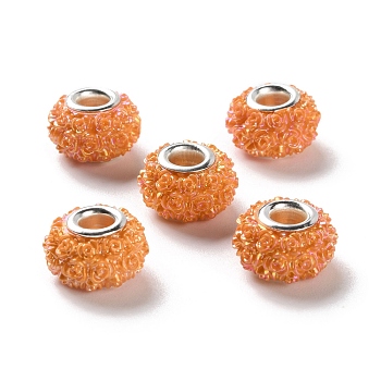 AB Color Resin Rose Flower European Beads, Rondelle Large Hole Beads, with Platinum Tone Alloy Double Cores, Dark Orange, 14x9mm, Hole: 5mm