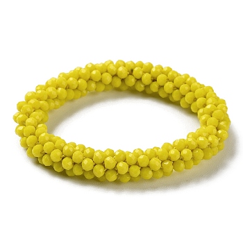 Crochet Glass Beads Braided Stretch Bracelet, Nepel Boho Style Bracelet, Yellow, Inner Diameter: 1-7/8 inch(4.9cm)