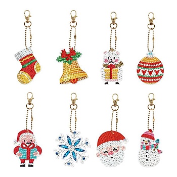 Christmas Theme DIY Diamond Painting Keychain Kit, Including Acrylic Board, Keychain Clasp, Bead Chain, Resin Rhinestones Bag, Diamond Sticky Pen, Tray Plate and Glue Clay, Mixed Shapes, 100x30mm, 8pcs/set