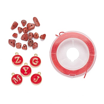 26Pcs Flat Round Initial Letter A~Z Alphabet Enamel Charms, 20G Natural Brecciated Jasper Chip Beads and Elastic Thread, for DIY Jewelry Making Kits, Dark Red, Alphabet Enamel Charms: 1 set/box