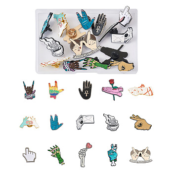 15Pcs 15 Style Gesture with Words Enamel Pins, Creative Zinc Alloy Brooches for Backpack Clothes, Mixed Color, 18.5~43.5x15~38.5x1mm, pin: 1mm, 1Pc/style