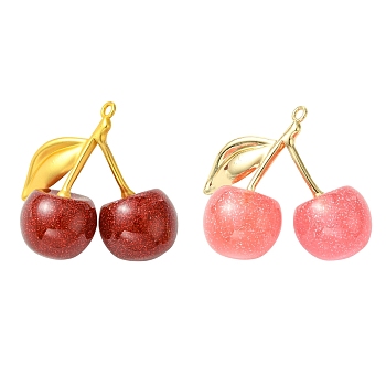 2Pcs 2 Colors Cherry Transparent Resin Pendnats, with Golden Alloy Finding & Glitter Powder, Mixed Color, 63.5x72.5x33mm, Hole: 3.2mm, 1pc/color
