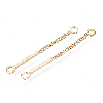 Brass Links, with Curb Chain, Nickel Free, Real 18k Gold Plated, 30x3x1mm, Hole: 1.6mm, Stick: 15mm long, 3mm wide, 1mm thick