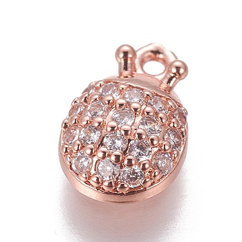 Brass Cubic Zirconia Charms, Beetle, Clear, Rose Gold, 9.5x6.5x3mm, Hole: 1mm