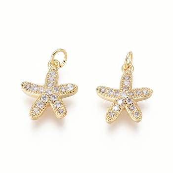 Brass Charms, with Clear Cubic Zirconia and Jump Rings, Starfish/Sea Stars, Golden, 13x11x3mm, Hole: 2.5mm
