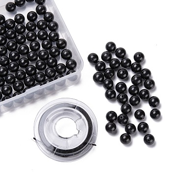 100Pcs 8mm Natural Black Stone Round Beads, with 10m Elastic Crystal Thread, for DIY Stretch Bracelets Making Kits, 8mm, Hole: 1mm