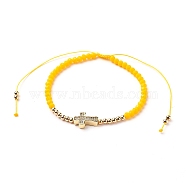 Adjustable Nylon Cord Braided Bead Bracelet, with Glass Seed Beads and Brass Micro Pave Clear Cubic Zirconia Cross Beads, Yellow, Inner Diameter: 2-1/4~ 4-1/8 inch (5.6~10.5cm)(BJEW-JB05732-04)
