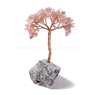 Natural Rose Quartz Tree Display Decoration, Reiki Spiritual Energy Tree, Raw Fluorite Base Feng Shui Ornament for Wealth, Luck, Rose Gold Brass Wires Wrapped, 45~66x76~82x125~133mm(DJEW-G027-10RG-04)