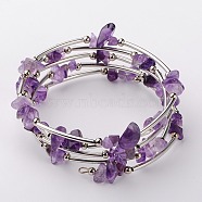 Natural  Amethyst Chip Warp Bracelets, Steel Bracelet Memory Wire with Brass Tube Beads and Iron Round Beads, Platinum, 53mm(BJEW-JB01517-02)