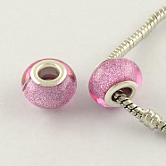 Large Hole Resin European Beads, with Silver Color Plated Brass Double Cores, Rondelle, Pearl Pink, 14x9mm, Hole: 5mm(OPDL-R118-10B)