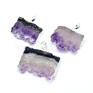 Natural Druzy Amethyst Slice Rectangle Pendants, with Plated Brass Finding, Silver, 24~42x22~35x6~7mm, Hole: 8x5mm(G-P089-32S)