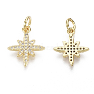 Brass Micro Pave Clear Cubic Zirconia Charms, with Jump Ring, Nickel Free, Eight Pointed Star, Real 18K Gold Plated, 14x12x2mm, Hole: 3mm(ZIRC-R109-011G-NF)