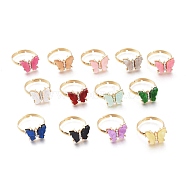 Adjustable Brass Micro Pave Clear Cubic Zirconia Finger Rings, with Resin, Long-Lasting Plated, Butterfly, Golden, Mixed Color, Size 10, Inner Diameter: 20mm, Butterfly: 12x17mm(RJEW-I072-01A)