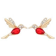 Brass Micro Pave Cubic Zirconia Stud Earrings, Cute Hummingbird, Light Gold, Red, 17x13mm(PW-WG70FE4-01)