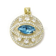 Brass Micro Pave Cubic Zirconia Pendants, with Glass, Real 18K Gold Plated, Flat Round with Eye, Deep Sky Blue, 26x22x5.5mm, Hole: 3.3x3.7mm(KK-E092-30G-03)