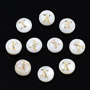 Natural Freshwater Shell Beads, with Golden Plated Brass Etched Metal Embellishments, Flat Round with Letter, Seashell Color, Letter.X, 6x4mm, Hole: 0.8mm(SHEL-S278-036X)