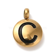 304 Stainless Steel Black Enamel Charms, Golden, Flat Round with Letter Charm, Letter C, 11x8x2.5mm, Hole: 1.8mm(STAS-R009-01G-C)