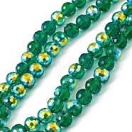 Transparent Electroplate Glass Beads Strands, Faceted(96 Facets), Round, AB Color Plated, Green, 7.5~8x7mm, Hole: 1.2mm, about 70~72pcs/strand, 20.08~20.47 inch(51~52cm)(EGLA-F151-AB03)