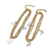 Two Tone 304 Stainless Steel Curb Chains Triple Layer Multi-strand Bracelet with Charms for Women, Golden & Stainless Steel Color, Mixed Patterns, Pendant: 9.5~13.5x11.5~13x0.6~0.7mm, 7-1/4 inch(18.5cm)(BJEW-C025-12)