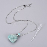 Natural Amazonite Openable Perfume Bottle Pendant Necklaces, with Stainless Steel Cable Chain and Plastic Dropper, Heart, 50~55cm, Bottle Capacity: 0.15~0.3ml(0.005~0.01 fl. oz), 2mm(G-K295-A04-P)