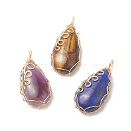 Natural Mixed Stone Copper Wire Wrapped Pendants, Teardrop Charms, Golden, 36x17x8mm, Hole: 3x2mm(PALLOY-JF02016)