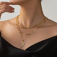 Leaf Stainless Steel Pendant Chain Necklace Sets, 3 Layer Necklaces, Golden, 17.72~22.05 inch(45~56cm)(YX9468)