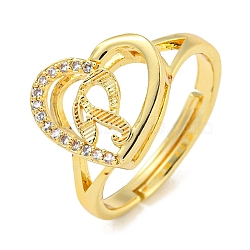 Heart with Letter Rack Plating Brass Micro Pave Cubic Zirconia Adjustable Rings for Women, Lead Free & Cadmium Free, Real 18K Gold Plated, Letter P, Inner Diameter: 16mm(RJEW-I105-06G-P)