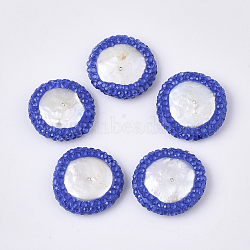 Polymer Clay Rhinestone Beads, with Natural Cultured Freshwater Pearl, Flat Round, Royal Blue, 19~22x19~21x5~8mm, Hole: 0.7mm(RB-S055-41C)