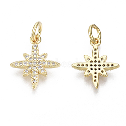 Brass Micro Pave Clear Cubic Zirconia Charms, with Jump Ring, Nickel Free, Eight Pointed Star, Real 18K Gold Plated, 14x12x2mm, Hole: 3mm(ZIRC-R109-011G-NF)