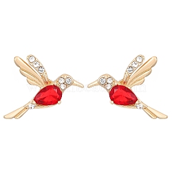 Brass Micro Pave Cubic Zirconia Stud Earrings, Cute Hummingbird, Light Gold, Red, 17x13mm(PW-WG70FE4-01)