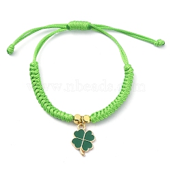 Alloy Enamel Clover Charm Bracelet, Polyester Braided Adjustable Bracelet, Lawn Green, Inner Diameter: 1-1/8~2-7/8 inch(2.9~7.3cm)(BJEW-JB09850-01)