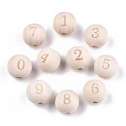 Unfinished Natural Wood European Beads, Large Hole Beads, Laser Engraved Pattern, Round with Number, Mixed, 15~16x14~15mm, Hole: 4mm(WOOD-S045-141A)