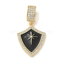 Brass Micro Pave Clear Cubic Zirconia European Dangle Charms, Black Enamel Large Hole Pendants, Real 14K Gold Plated, Sheild Shape, 23.5x18.5x3mm, Hole: 8x4.5mm(KK-U046-14G-01)