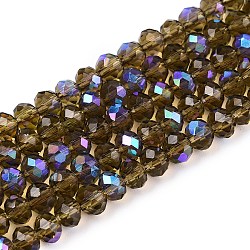 Electroplate Glass Beads Strands, Half Rainbow Plated, Faceted, Rondelle, Coconut Brown, 4x3mm, Hole: 0.4mm, about 113~115pcs/strand, 41~41.5cm(EGLA-A044-T4mm-L16)