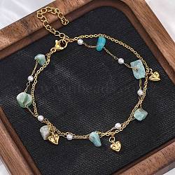 Bohemia Style 304 Stainless Steel Cable Chain Multi-strand Bracelets, Natural Green Aventurine & Heart Link Bracelets for Women, with Plastic Imitation Pearl, 8-1/8 inch(20.5cm)(BJEW-Z088-01A-G)