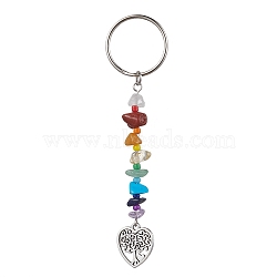 Tree of Life Tibetan Style Alloy Pendant Keychains, with Natural Gemstone Chip Beads and Iron Split Key Rings, Heart, 10.25cm(KEYC-JKC00689-02)
