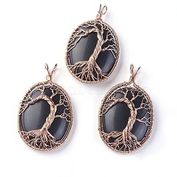 Natural Obsidian Big Pendants, with Rose Gold Tone Brass Findings, Oval with Tree of Life, 56~58.5x35~36x12~13.8mm, Hole: 4.2~5.2x4.6~6mm(G-G771-C05)
