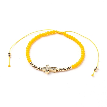 Adjustable Nylon Cord Braided Bead Bracelet, with Glass Seed Beads and Brass Micro Pave Clear Cubic Zirconia Cross Beads, Yellow, Inner Diameter: 2-1/4~ 4-1/8 inch (5.6~10.5cm)