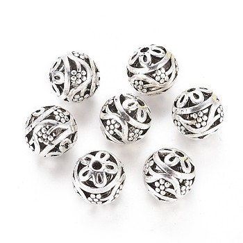 Alloy Tibetan Style Beads, Hollow, Round with Flower, Antique Silver, 14.5x14mm, Hole: 2.5mm