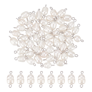 HOBBIESAY 50Pcs Natural Cultured Freshwater Pearl Bead Connector Charms, Rice Links, with Platinum Tone 304 Stainless Steel Findings, Seashell Color, 15x6mm, Hole: 2mm