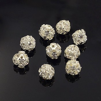 Brass Rhinestone Beads, with Iron Single Core, Grade A, Silver Color Plated, Round, Crystal, 8mm in diameter, Hole: 1mm