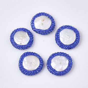 Polymer Clay Rhinestone Beads, with Natural Cultured Freshwater Pearl, Flat Round, Royal Blue, 19~22x19~21x5~8mm, Hole: 0.7mm
